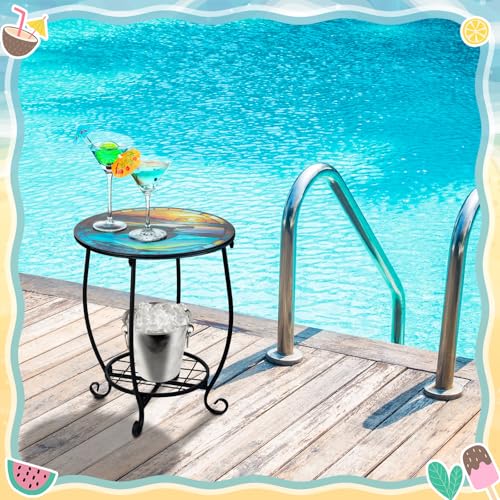 Cinnvoice Outdoor Side Table Round Small Mosaic Patio Accent Indoor End Plant Coffee Tea Table for Yard Patio Porch Garden Living Room, Bedroom(Turtle Style,14 Inch) - size: 14 Inch, style: Turtle Style