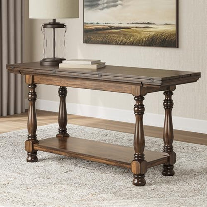 Signature Design by Ashley Sturlayne Flip Top Sofa Table, Expandable Console to Dining Table, Drop Leaf Design with Hardwood Solids, Space-Saving Multi-Use Furniture for Living Room, Brown - color: Brown, style: Sofa Table