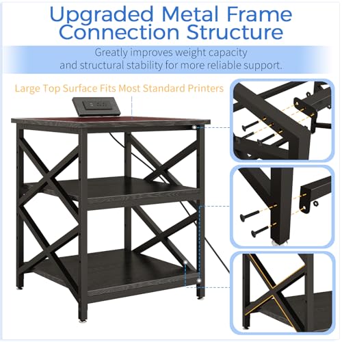 METYERRY 23.6"x23.6" Large Printer Stand with Power Outlet, 3 Tier Cart | Adjustable Shelf, Fits 3D Printers, Laser Printers and Heat Press, 200 lbs Heavy Duty, Industrial Wheels, Home Office - color: Black