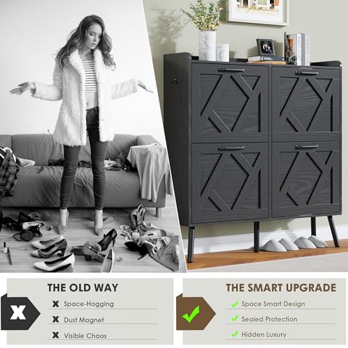 Shoe Cabinet with 4 Flip Drawers, Hidden Shoe Rack Cabinet with Metal Legs, Farmhouse Narrow Shoe Storage Cabinet for Entryway, Foyer, Hallway, Black - color: Solid Black