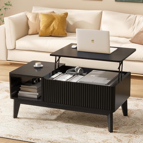 LYNCOHOME Fluted Coffee Table with Hidden Compartment, Wood Lift Top Coffee Tables, Modern Center Table for Living Room, Home Office, Black - color: Black, size: 18.9''D x 37.4''W x 16.2''H