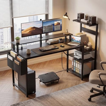 Apicizon 54 Inch Gaming Desk with LED Setup Style, Large Computer Desk with Storage Shelves & Dual Monitor Stand, Reversible Workstation for Small Space, Home Office Desk with Side Pocket - size: 54inch