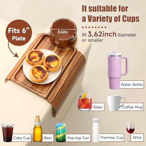 Couch Cup Holder Tray,Acacia Wood Sofa Arm Clip on Tray Table with 360° Rotation Cup Holder,Foldable Anti-Slip Couch Armrest Table for Coffee Mug,Water Bottles,Snacks,Remote on Large Armrest - color: Acacia Wood