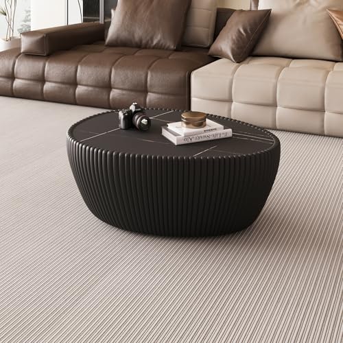 32.1" Oval Coffee Table with Marble Top Irregular Stone Coffee Table Fluted PU Leather Center Tables for Living Room Apartment No Assembly Black - color: Marble-oval-32.1inch-black-coffee