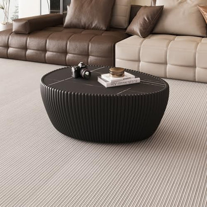 32.1" Oval Coffee Table with Marble Top Irregular Stone Coffee Table Fluted PU Leather Center Tables for Living Room Apartment No Assembly Black - color: Marble-oval-32.1inch-black-coffee