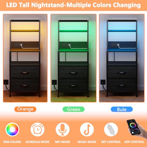Furnulem Night Stand, Tall Nightstand with 4-Tier Shelves, 2 Fabric Drawers and Led Lights, Bed Side Tables with Charging Station, Bedside Table for Bedroom, Office, Black Oak | 4-Tier Shelves - color: Black Oak, size: 2 Drawer