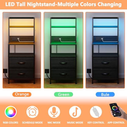 Furnulem Night Stand, Tall Nightstand with 4-Tier Shelves, 2 Fabric Drawers and Led Lights, Bed Side Tables with Charging Station, Bedside Table for Bedroom, Office, Black Oak | 4-Tier Shelves - color: Black Oak, size: 2 Drawer