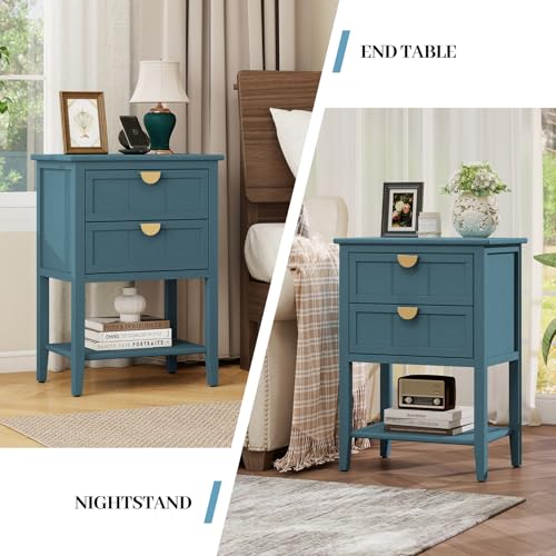 vistavie 22" Blue End Table with 2 Drawers and Open Shelf, Accent Side Table with Storage, Gold Handles and Solid Wood Legs for Living Room, Sofa Side - color: Blue Set of 1