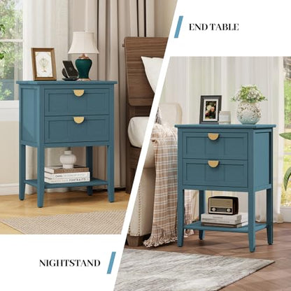 vistavie 22" Blue End Table with 2 Drawers and Open Shelf, Accent Side Table with Storage, Gold Handles and Solid Wood Legs for Living Room, Sofa Side - color: Blue Set of 1