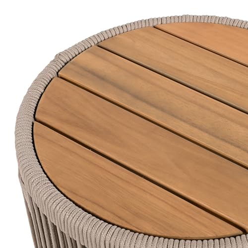 Christopher Knight Home Peyz Acacia Wood Outdoor Side Table Set of 2 with Woven Rope Design, Patio Round Coffee Table Set with Small Side Desk, Functionality Stylish 2 Tables for Garden, Teak + Beige