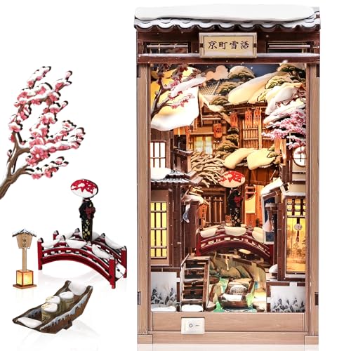 CUTEBEE Book Nook Kit - DIY Miniature House Dollhouse for Adults | Japanese Kyoto Winter Street Scene, Bookshelf Decor 3D Wooden Puzzle Model Kit, Diorama Bookish Gifts (Kyoto Snow Scene)