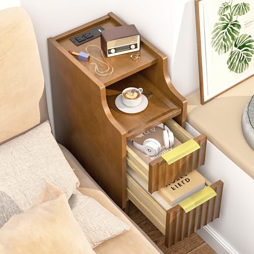 Fluted Narrow Nightstand with Charging Station, Solid Wood Night Stand with 2 Drawers, Walnut Mid Century Modern Led Nightstand, Small Beside Table with Open Storage Shelf for Bedroom （10 inch） - color: Walnut