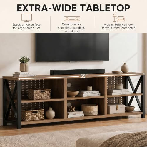 LVB Rustic Entertainment Center for 65 Inch TV, Industrial Wood and Metal TV Stand with Storage Shelf, Modern Television Media Console Table with Cabinet for Living Room Bedroom, Rustic Oak, 55 Inch - color: Rustic Oak