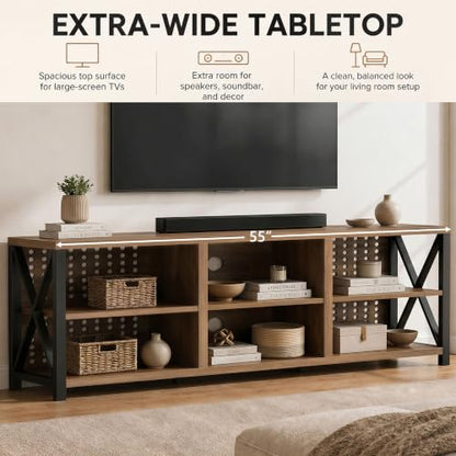 LVB Rustic Entertainment Center for 65 Inch TV, Industrial Wood and Metal TV Stand with Storage Shelf, Modern Television Media Console Table with Cabinet for Living Room Bedroom, Rustic Oak, 55 Inch - color: Rustic Oak