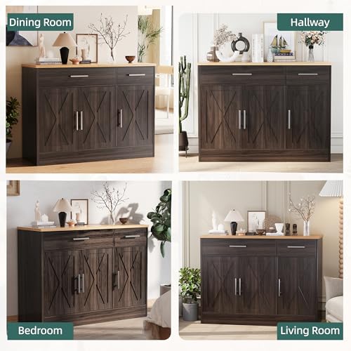 Shintenchi Modern Farmhouse Sideboard Buffet Cabinet,Barn Doors Buffet Cabinet with 2 Drawers & 3 Doors,Wood Coffee Bar Cabinet with Adjustable Shelf for Kitchen Living Room,Brown - color: Brown