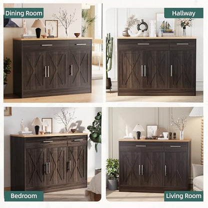 Shintenchi Modern Farmhouse Sideboard Buffet Cabinet,Barn Doors Buffet Cabinet with 2 Drawers & 3 Doors,Wood Coffee Bar Cabinet with Adjustable Shelf for Kitchen Living Room,Brown - color: Brown