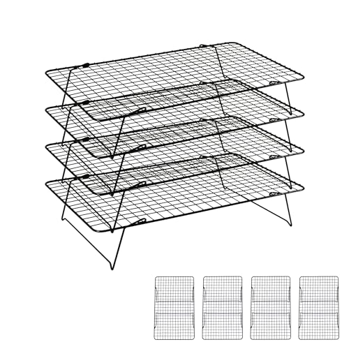 Cooling Rack 16"x10", 4-Tier Stackable & Collapsible Cooling Racks | Cooling Racks for Cooking and Baking, Roasting, Grilling, Oven & Dishwasher Safe (Black, 4-Tier) - color: Black, size: 4-Tier