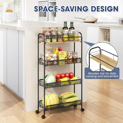 TOOLF 4-Tier Slim Rolling Cart, Metal Utility Cart, Slide Out Storage Cart with Wooden Tabletop and Mesh Baskets for Narrow Space on Kitchen Bathroom Laundry Room Bedroom Apartments Dormitory - size: Slim, style: Black