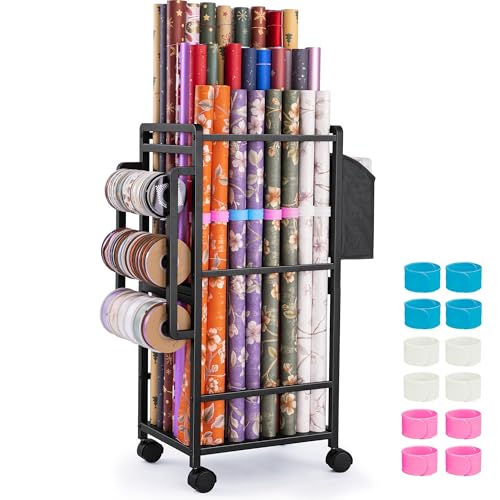 Aquzee Wrapping Paper Storage, Rolling Gift Wrap Storage Stand, Vertical Wrapping Paper Organizer Storage Cart, Ribbon Organizers, 12 PCS Slap Bands, 9 Adjustable Rod Design, Black - color: Black
