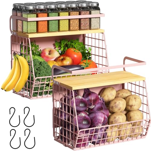 Magnetic Shelf for Fridge with Wood Lid, Fruit Potato and Onion Storage Bins, Pantry Organizers & Storage, Large Container Magnetic Spice Rack for Refrigerator, Kitchen Counter, Cabinet (Pink, 2) - color: Pink, size: 2-Regular