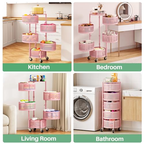 SAYZH Fruit Vegetable Basket for Kitchen, Rotating Storage Rack, 5 Tier Rolling Cart with top lid, Large Metal Wire Wheels, Pink - color: Pink