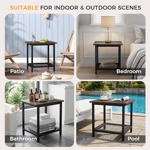 2-Tier Outdoor Side Table with Storage, Weather Resistant Patio End Table, HDPS Small Accent Table for Deck, Garden, Pool, Backyard, Brown - color: Brown