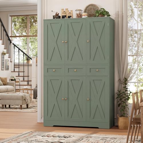 HOSTACK 67"H Farmhouse Kitchen Pantry Storage Cabinet with 3 Drawers, Green | Large Food Pantry Cabinet with Swing-Out Door Rack & Adjustable Shelf for Kitchen, Dining room, Living room - color: Green