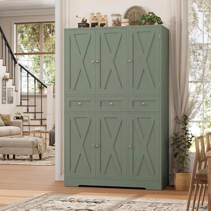 HOSTACK 67"H Farmhouse Kitchen Pantry Storage Cabinet with 3 Drawers, Green | Large Food Pantry Cabinet with Swing-Out Door Rack & Adjustable Shelf for Kitchen, Dining room, Living room - color: Green