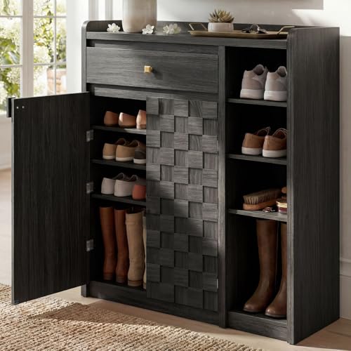 STO'SENSE Large Shoe Cabinet with Doors, 8-Tier Shoe Storage Cabinet with Drawer & 4 Side Cubbies & 5 Adjustable Shelves, 47" Tall Shoe Rack Organizer Cabinet for Entryway, Hallway (Black Oak) - color: Black Oak