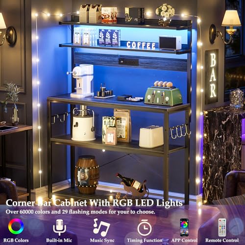 Aheaplus Bakers Rack with Power Outlet, Microwave Stand, 5 Tiers Coffee Bar Station with Led Lights, Kitchen Storage Shelf with 6 S-shaped Hooks, Kitchen Rack Coffee Bar Stand, Grey Oak - color: Black Oak, size: 31.5 inch