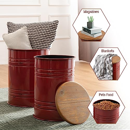 Glitzhome Rustic End Table Set of 2, Farmhouse Galvanized Metal Barrel Ottoman Storage Stool with Round Wood Lid for Living Room Furniture, Red - color: Red