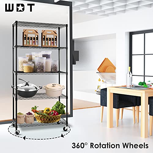 WDT 5-Shelf Shelving Units on Wheels Casters, Adjustable Heavy Duty Metal Shelf Wire Storage Rack for Home Office Garage Kitchen Bathroom Organization(16”Wx36”Dx75”H), Black - size: 5Tier 36"W x 16"D x 75"H