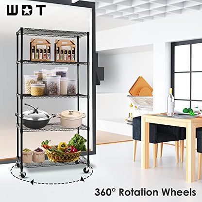 WDT 5-Shelf Shelving Units on Wheels Casters, Adjustable Heavy Duty Metal Shelf Wire Storage Rack for Home Office Garage Kitchen Bathroom Organization(16”Wx36”Dx75”H), Black - size: 5Tier 36"W x 16"D x 75"H