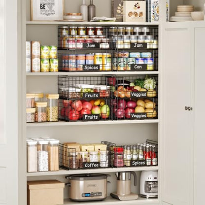 JKsmart 4 Pack XXL Stackable Wire Baskets with Handles for Pantry Storage and Organization,Fruit and Vegetable Basket with Name Plates,Metal Storage Bins for Snack Can Fruit Veggies - size: XXL-16.34"x12.01"x31.48"