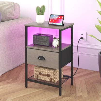 sthmec Nightstands Set of 2, LED Night Stands with Charging Station and Fabric Drawer, Bedside Tables with Drawers, 2- Tier LED Side Table End Table Charging Station Bedroom, Grey - color: Grey, style: Power & LED