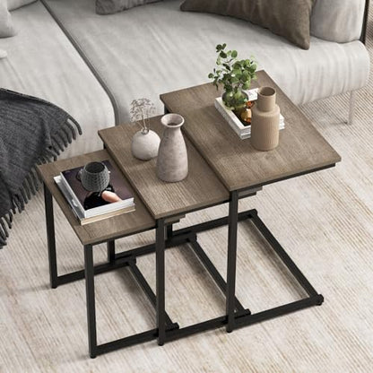 Giantex Nesting Coffee Table Set of 3, Stackable Square End Table w/Wood Grain Tabletop & Heavy-Duty Metal Frame, Farmhouse C-Shaped Accent Table for Small Space, Living Room, Bedroom (Black Oak) - color: Black Oak
