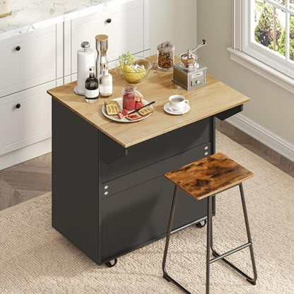 MAHANCRIS Kitchen Island on Wheels with Drop Leaf, Folding Countertop Kitchen Island Cart, Kitchen Islands Table with Towel Rack, Drawer, for Kitchen, Dining Room, Black and Natural KINB12501 - color: Black and Natural