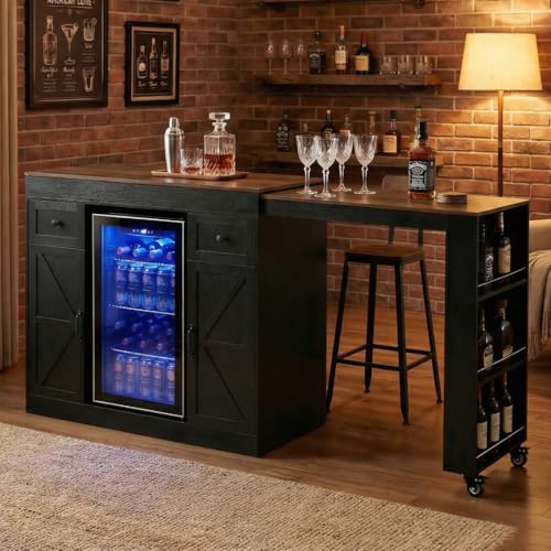 ARTETHYS 48’’- 80’’ Extendable Kitchen Island with Fridge Storage, White | Expanded Kitchen Counter with Compartment & Drawers, Sideboard Buffet Table with Cabinet and Side Rack for Kitchen - color: Black