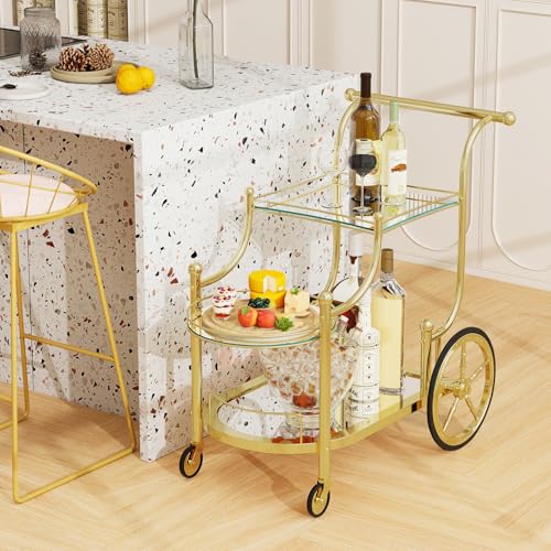 Tangkula Bar Cart, 3-Tier Rolling Home Bar Serving Cart with Mirrored Shelves & 4 Wheels, Mobile Beverage & Wine Cart for Kitchen, Dining Room, Living Room (Gold) - color: Gold