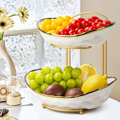 Fruit Basket for Kitchen Counter - Two Tier Ceramic Fruit Bowl with Metal Stand, Fruit Holder for Fresh Fruit&Veggies, Modern Tiered Fruit Platter Serving Trays for Party - color: 2White-Rack02
