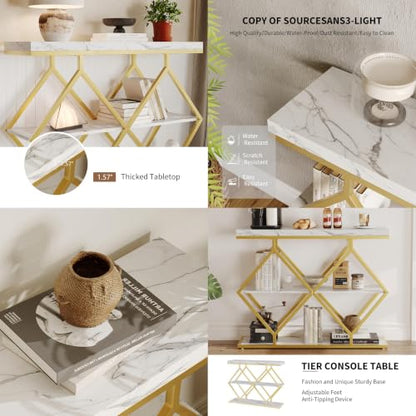 Garvee 3 Tier Console Table,39" Industrial Entryway Table,Open Wood Shelves | Sofa Table,Narrow Wood Accent Tables with Metal Frame for Hallway,Living Room,Behind Couch,Foyer,Entrance,White - color: White + Diamond-shaped