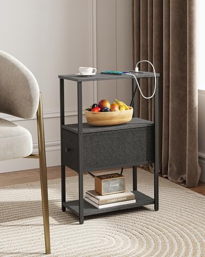 TUTOTAK Small Narrow End Table with Charging Station, Set of 2, Side Table with Outlets, Nightstand with Cloth Drawer, Couch Table, for Living Room, Bedroom, Bedside, Charcoal Grey TB01BY058 - color: Charcoal Grey, style: 1 Drawer & Plug