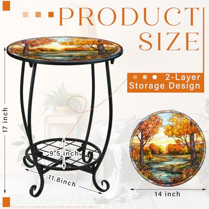 Cinnvoice Outdoor Side Table Round Small Mosaic Patio Accent Indoor End Plant Coffee Tea Table for Yard Patio Porch Garden Living Room, Bedroom(Fall Style,14 Inch) - size: 14 Inch, style: Fall Style