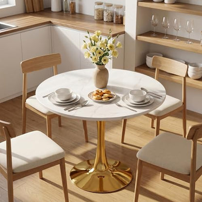 27.6" Marble Round Tulip Table, Mid-Century Modern Style Dining Table with Gold Pedestal Base for 2-4 People, Featuring A Marble Tabletop for Kitchen, Dining Room, Cafe (White) - color: White#gold