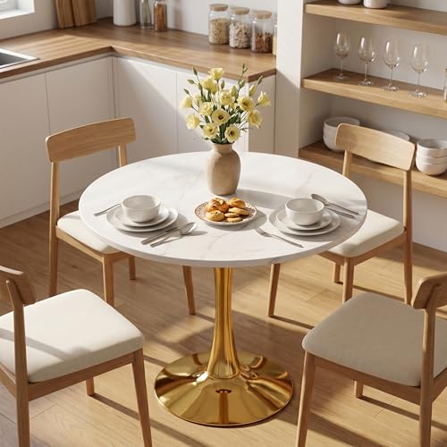 27.6" Marble Round Tulip Table, Mid-Century Modern Style Dining Table with Gold Pedestal Base for 2-4 People, Featuring A Marble Tabletop for Kitchen, Dining Room, Cafe (White) - color: White#gold