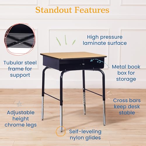 ECR4Kids Open Front Desk with Metal Storage Book Box, Adjustable, Classroom Furniture, Oak - color: Black and Oak