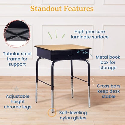 ECR4Kids Open Front Desk with Metal Storage Book Box, Adjustable, Classroom Furniture, Oak - color: Black and Oak