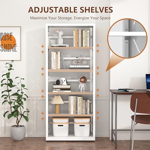 Polup Bookshelf, 5 Tier Metal Bookcase with Adjustable Shelves, Tall White Book Shelf with Bookends, White Display Shelves for Living Room, Home Office, Library - color: White, size: 5 Tier-23" W