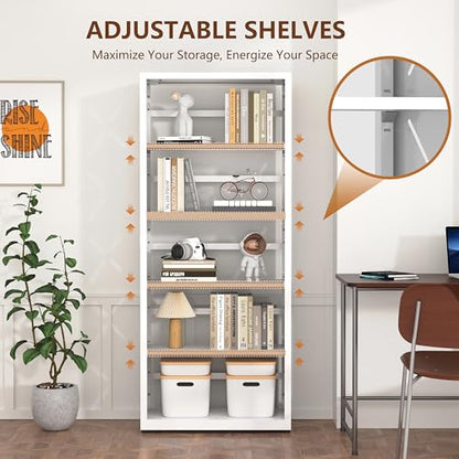 Polup Bookshelf, 5 Tier Metal Bookcase with Adjustable Shelves, Tall White Book Shelf with Bookends, White Display Shelves for Living Room, Home Office, Library - color: White, size: 5 Tier-23" W