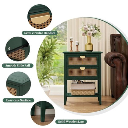 vistavie 22" Green Rattan End Table with 2 Drawers and Open Shelf, Boho Accent Side Table with Gold Semi Circular Handles and Solid Wood Legs for Living Room - color: Green Set of 1